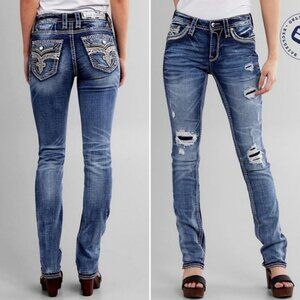 Rock Revival Vitual Pink Mid Rise Straight Patch Distressed Medium Wash Jeans 27